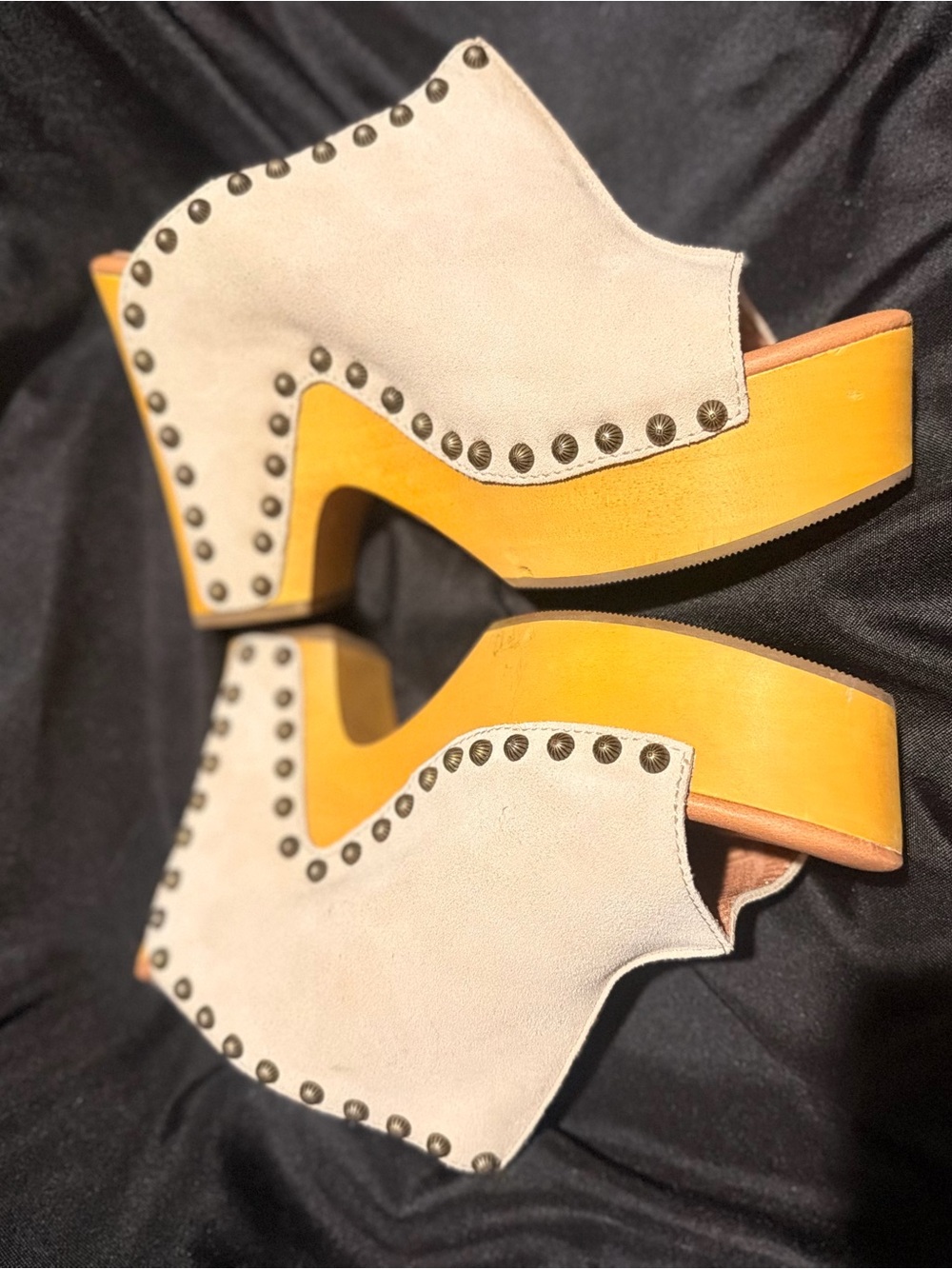dingo Beige Suede Studded Platform Mules with Yellow Wood-Look Heel